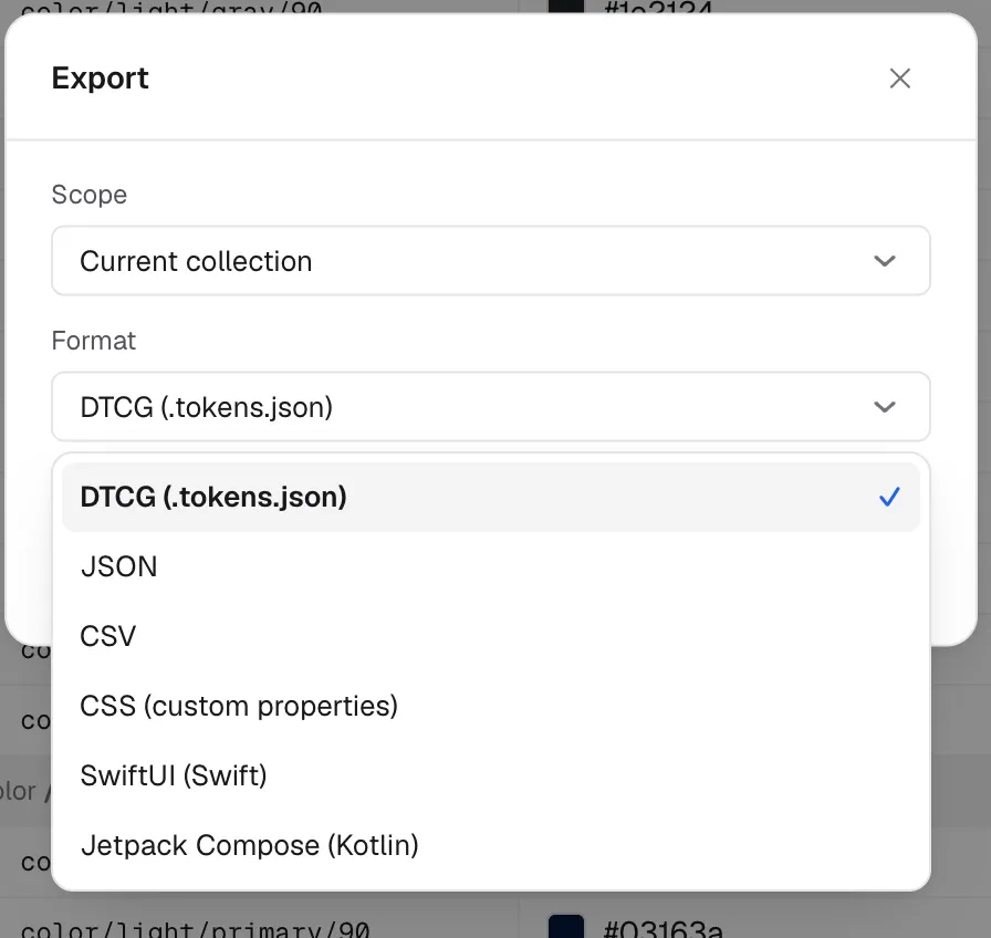 The Export dialog with the format dropdown open, showing DTCG, JSON, CSV, CSS, SwiftUI and Jetpack Compose