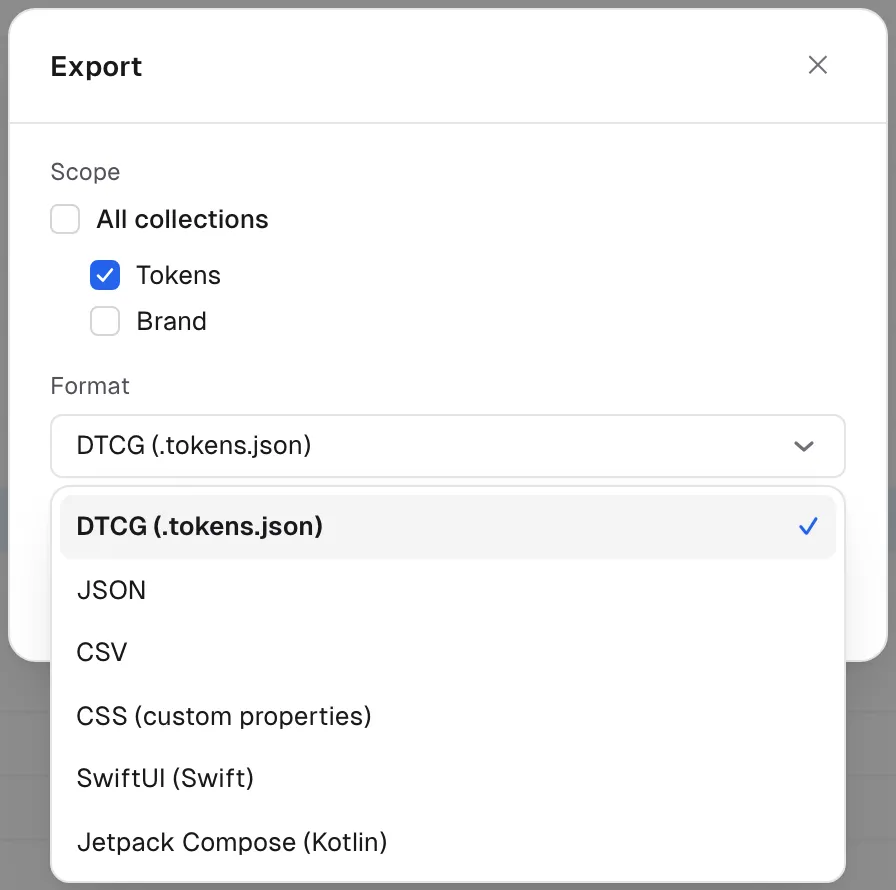 The Export dialog with the format dropdown open, showing DTCG, JSON, CSV, CSS, SwiftUI and Jetpack Compose