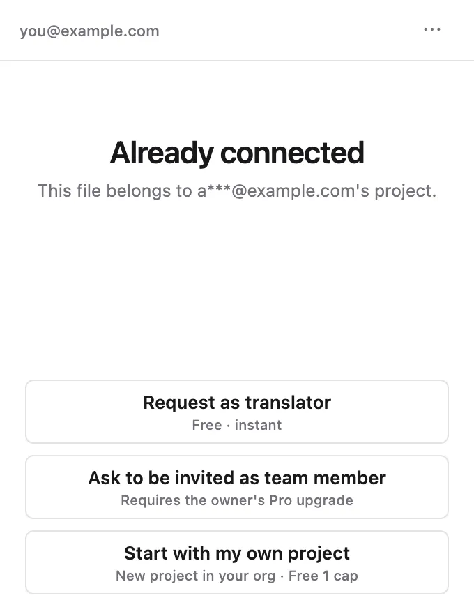 The Already connected screen — Request as translator / Ask to be invited as team member / Start with my own project