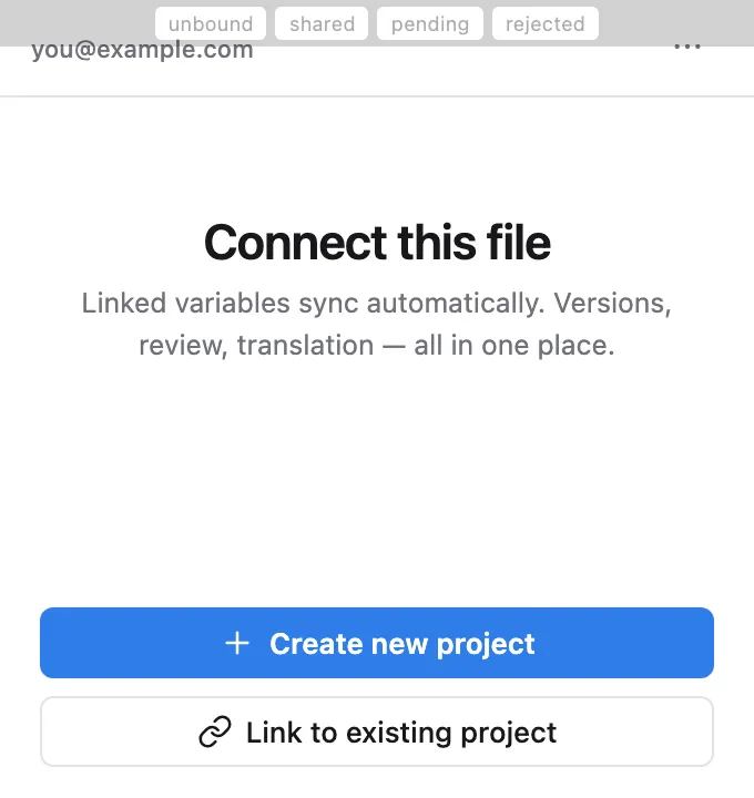 The Connect this file screen — Create new project or Link to existing project