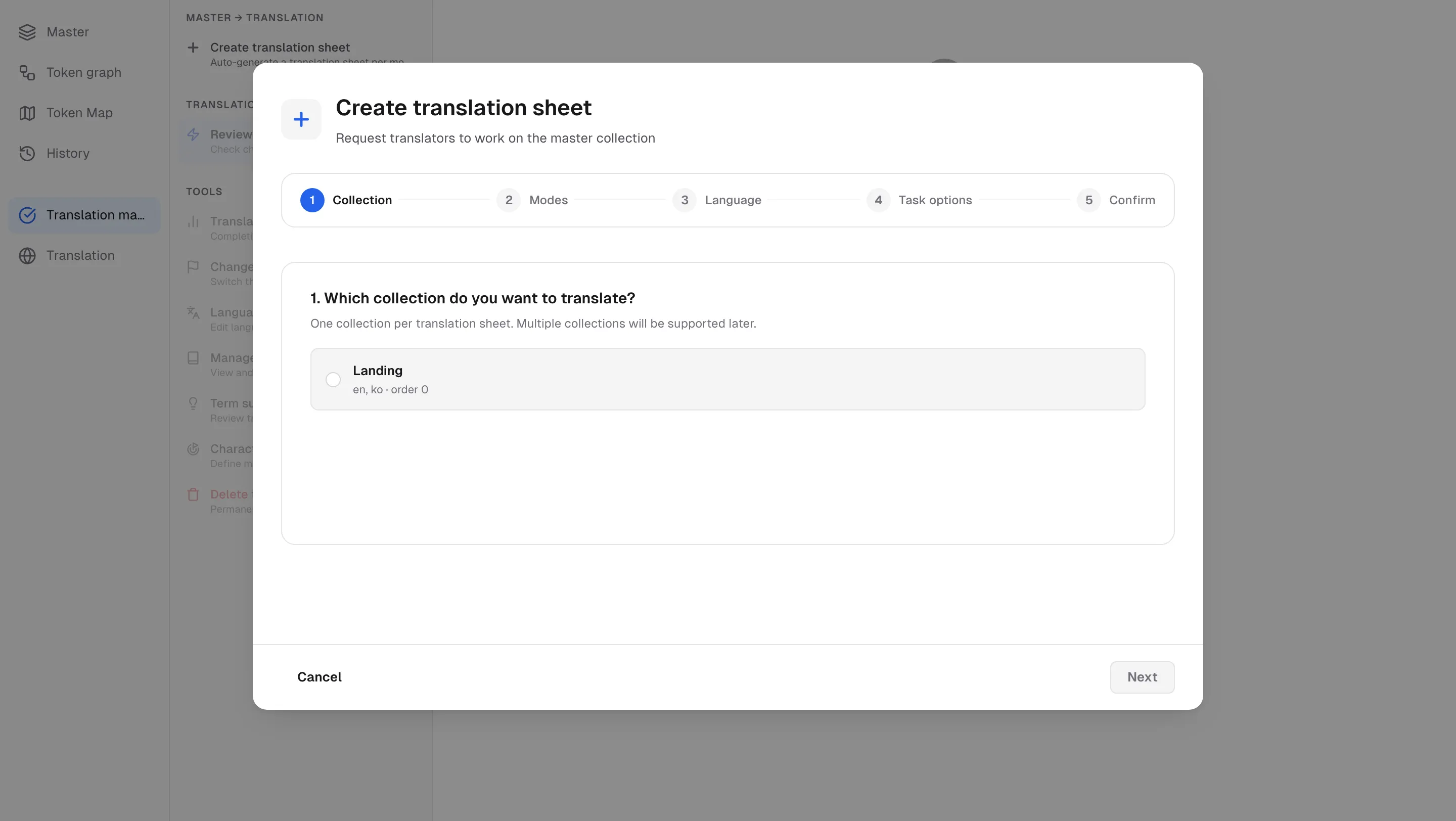 The translation sheet wizard — collection, modes, locale, task options, confirm