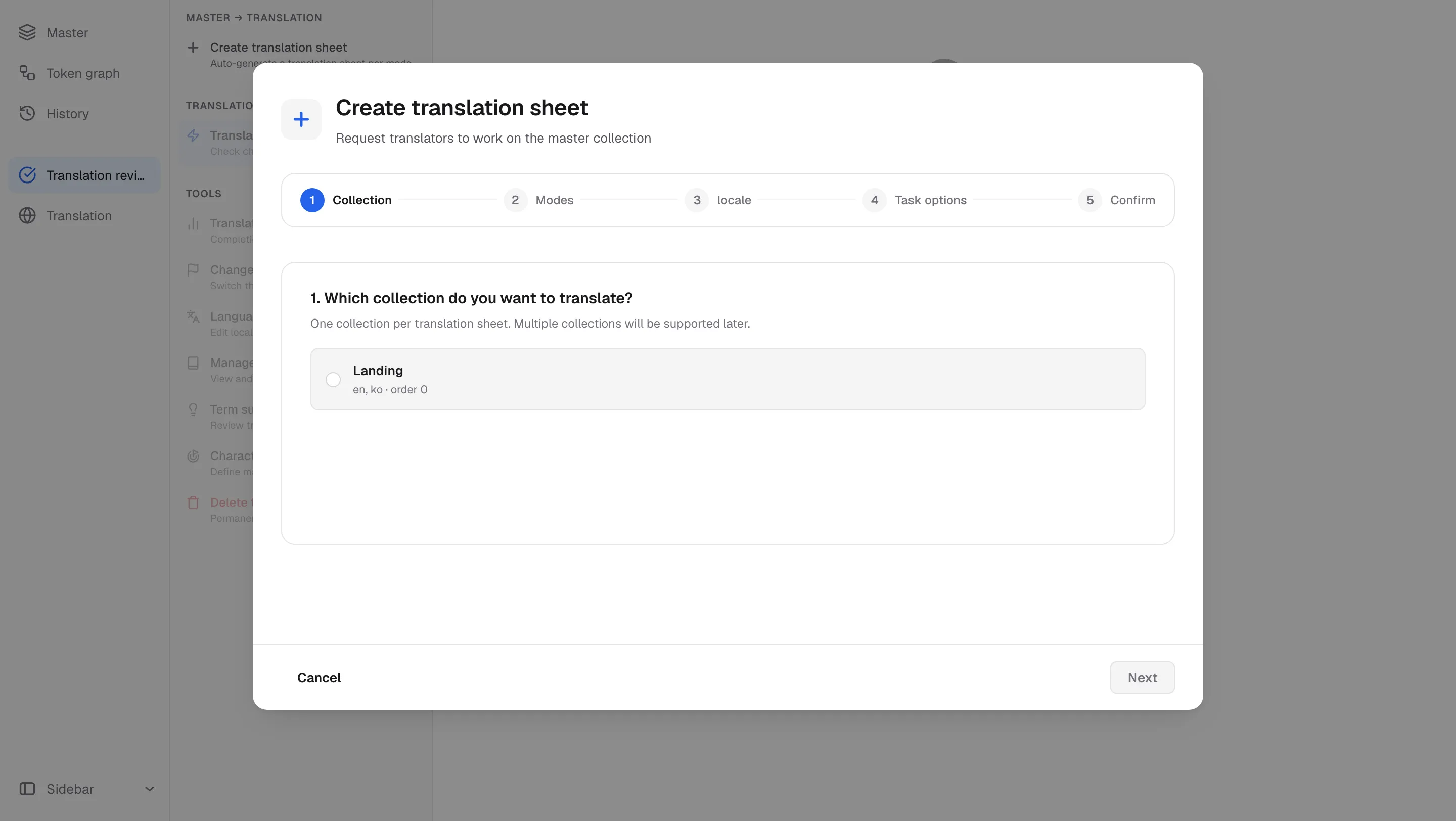 The translation sheet wizard — collection, modes, locale, task options, confirm