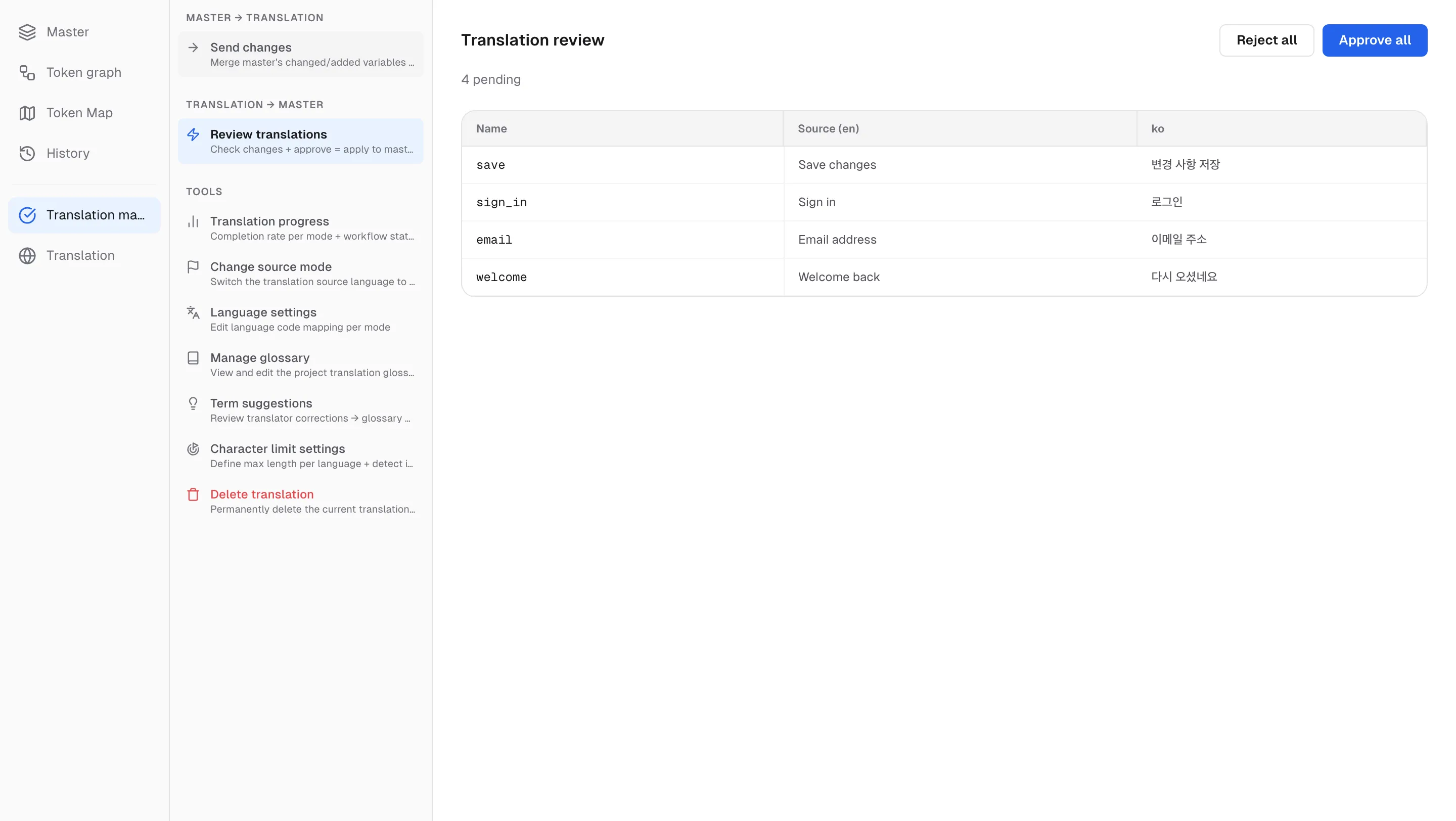 The Translation review screen — source text next to each translation, approved or rejected row by row